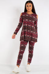 Aria Red Cold Shoulder Zig Zag Viscose Loungewear