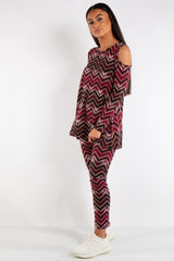 Aria Red Cold Shoulder Zig Zag Viscose Loungewear
