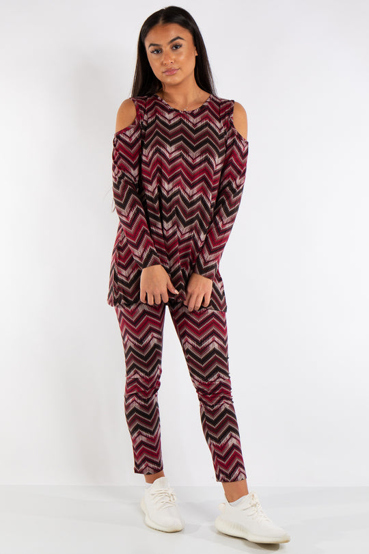 Aria Red Cold Shoulder Zig Zag Viscose Loungewear