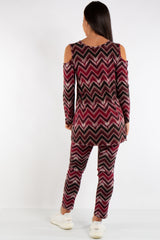 Aria Red Cold Shoulder Zig Zag Viscose Loungewear