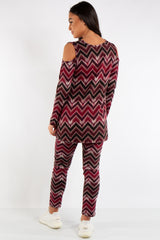 Aria Red Cold Shoulder Zig Zag Viscose Loungewear