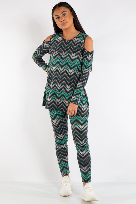 Aria Green Cold Shoulder Zig Zag Viscose Loungewear
