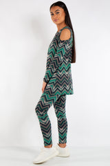 Aria Green Cold Shoulder Zig Zag Viscose Loungewear