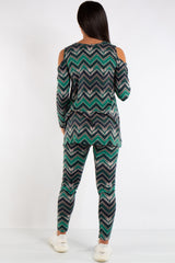 Aria Green Cold Shoulder Zig Zag Viscose Loungewear