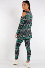 Aria Green Cold Shoulder Zig Zag Viscose Loungewear