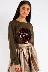 Caroline Khaki Diamond sequin Love Sweatshirt Jumper 