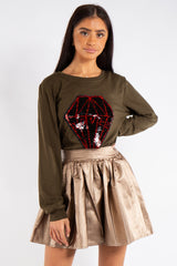 Caroline Khaki Diamond sequin Love Sweatshirt Jumper 