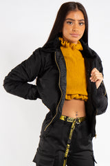 Ella Black Fur Collar Bomber Jacket