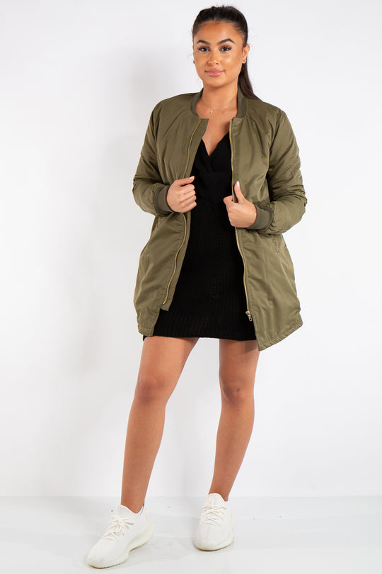Scarlett Khaki Longline Straight Bomber Jacket