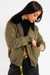 Ella Khaki Fur Collar Bomber Jacket