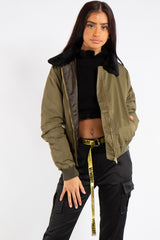 Ella Khaki Fur Collar Bomber Jacket