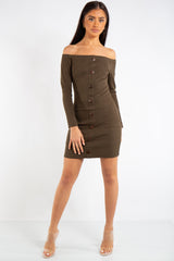 Jade Khaki Ribbed Button Long Sleeve Bardot Dress