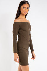 Jade Khaki Ribbed Button Long Sleeve Bardot Dress