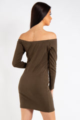 Jade Khaki Ribbed Button Long Sleeve Bardot Dress
