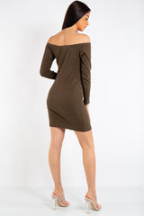 Jade Khaki Ribbed Button Long Sleeve Bardot Dress