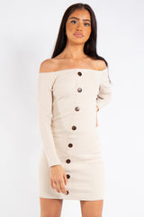 Jade Beige Ribbed Button Long Sleeve Bardot Dress