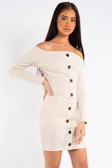 Jade Beige Ribbed Button Long Sleeve Bardot Dress