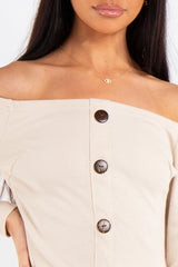 Jade Beige Ribbed Button Long Sleeve Bardot Dress