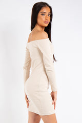 Jade Beige Ribbed Button Long Sleeve Bardot Dress
