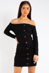 Jade Black Ribbed Button Long Sleeve Bardot Dress