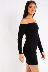 Jade Black Ribbed Button Long Sleeve Bardot Dress
