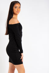 Jade Black Ribbed Button Long Sleeve Bardot Dress