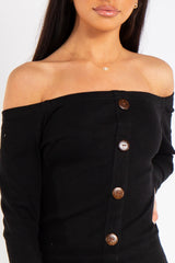 Jade Black Ribbed Button Long Sleeve Bardot Dress