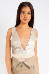 Briella Cream Sequin V-Plunge Bodysuit