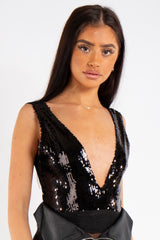 Briella Black Sequin V-Plunge Bodysuit