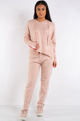 Daniella Pink Hooded Knitted Stripe Loungewear Set