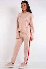Daniella Pink Hooded Knitted Stripe Loungewear Set