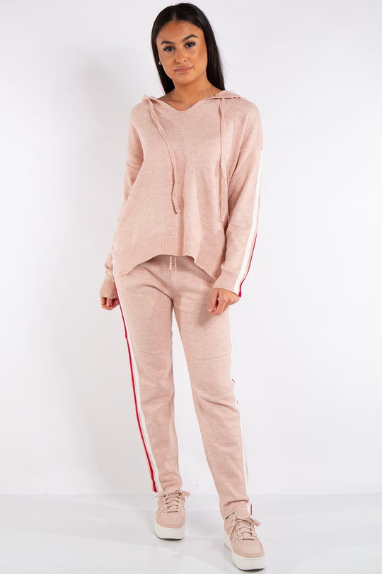 Daniella Pink Hooded Knitted Stripe Loungewear Set