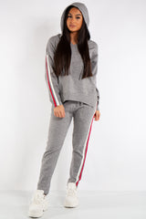 Daniella Grey Hooded Knitted Stripe Loungewear Set