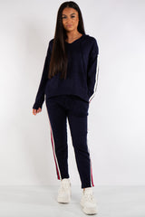  Daniella Navy Hooded Knitted Stripe Loungewear Set
