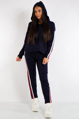  Daniella Navy Hooded Knitted Stripe Loungewear Set