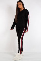 Daniella Black Hooded Knitted Stripe Loungewear Set