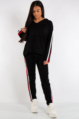 Daniella Black Hooded Knitted Stripe Loungewear Set