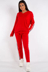 Daniella Red Hooded Knitted Stripe Loungewear Set
