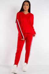 Daniella Red Hooded Knitted Stripe Loungewear Set