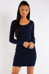 Arielle Navy Knit Ribbed Crossover Back Dress