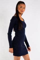 Arielle Navy Knit Ribbed Crossover Back Dress