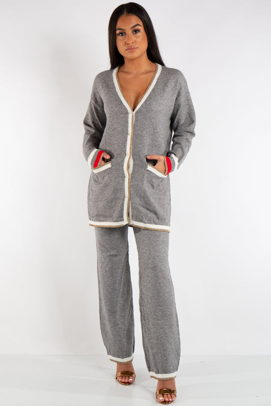 Keira Grey Cardigan Metallic Detail Knitted Loungewear Set