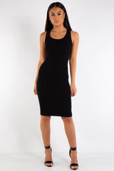 Makenna Black Ribbed Midi Bodycon Tie Back Dress