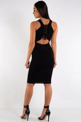 Makenna Black Ribbed Midi Bodycon Tie Back Dress