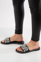 Elisa Black Large Jewel Strap Sliders