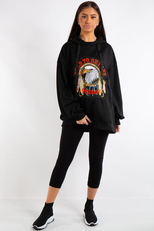 Itzel Black Eagle Badge Slogan Oversized Hoodie