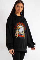 Itzel Black Eagle Badge Slogan Oversized Hoodie
