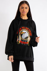 Itzel Black Eagle Badge Slogan Oversized Hoodie