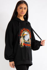 Itzel Black Eagle Badge Slogan Oversized Hoodie