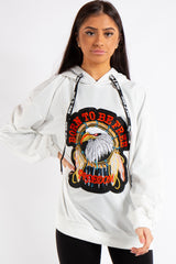 Edith White Eagle Badge Slogan Oversized Hoodie 